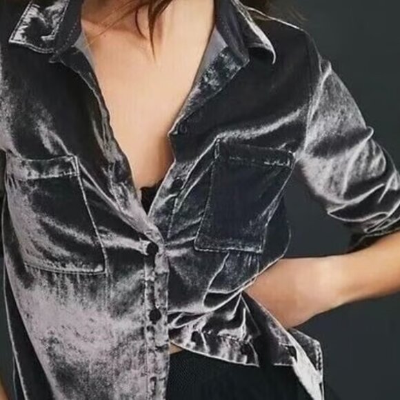 Pilcro x Anthropologie Velvet Button Down Shirt – Grey Silver – Size 6 NWT - Picture 1 of 16